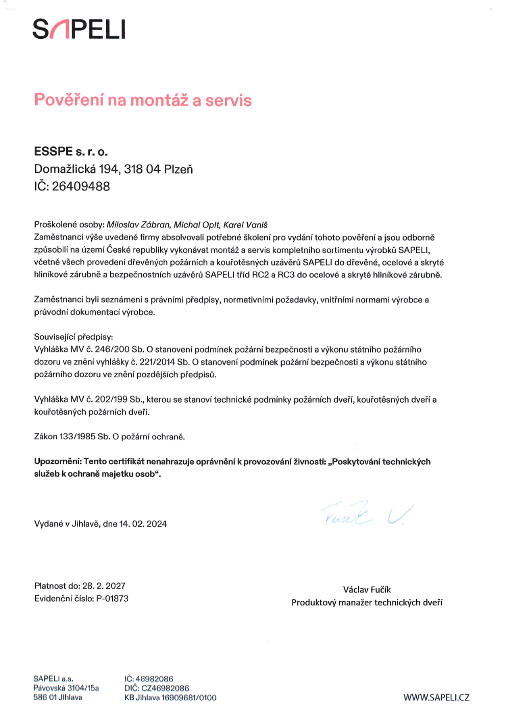 Pověření na montáž a servis